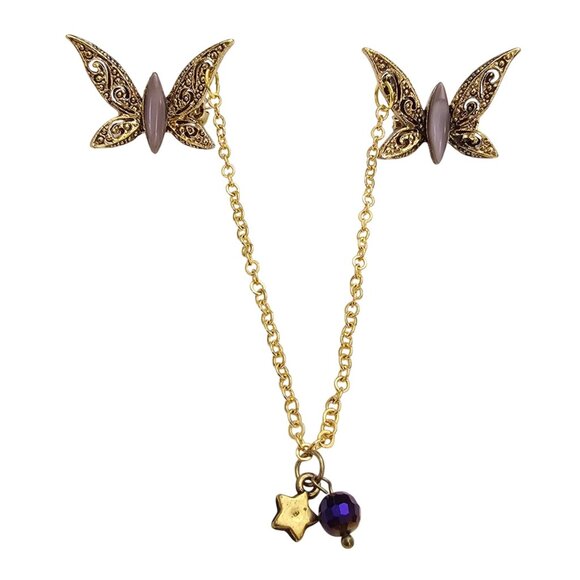 Gold Tone Purple Glass Moonstone Butterfly Brooch Chatelaine Sweater Pins J306